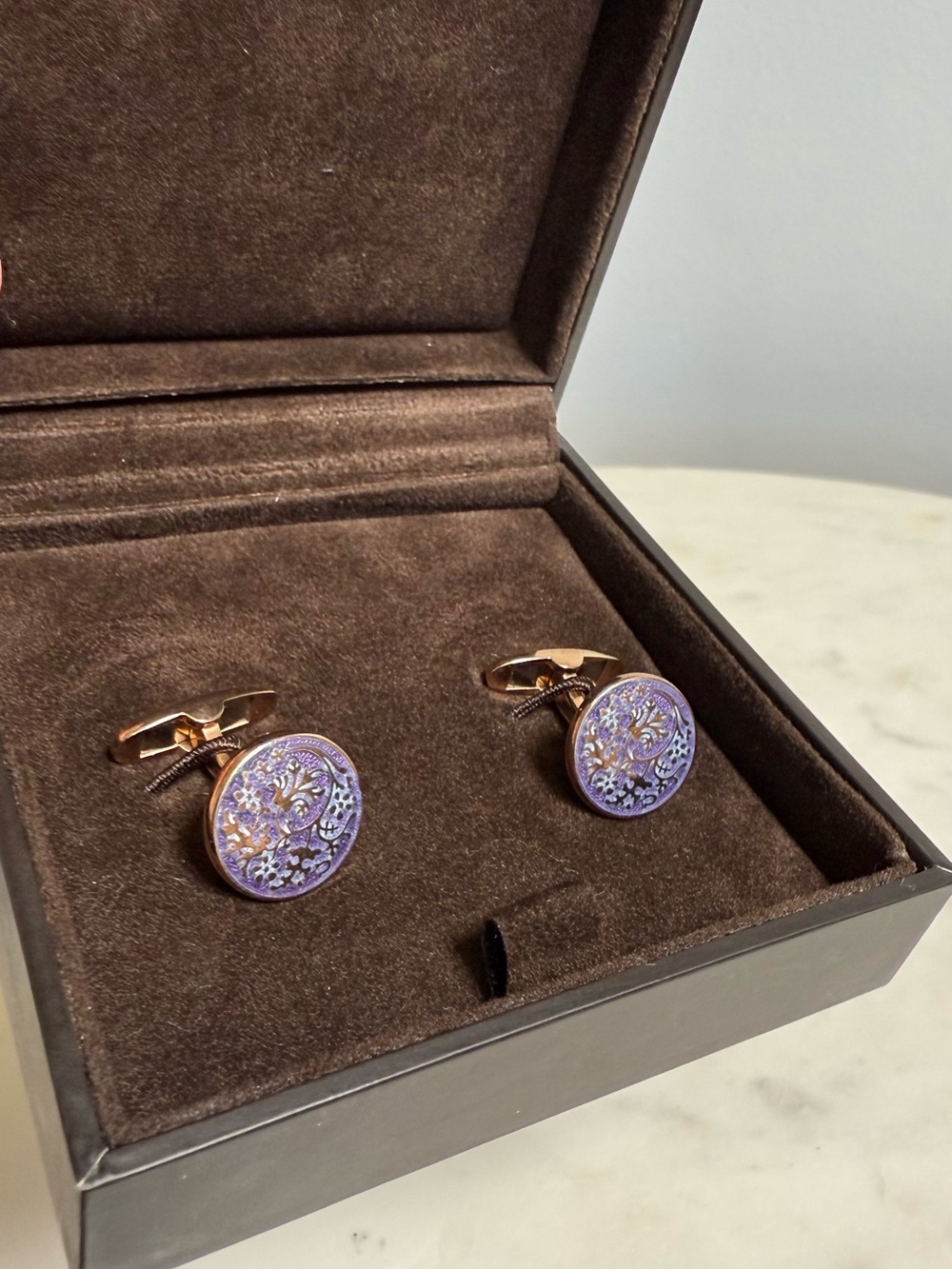 Cufflinks Paul Stuart Sterling Silver 925 Purple Enamel Floral Bird Design